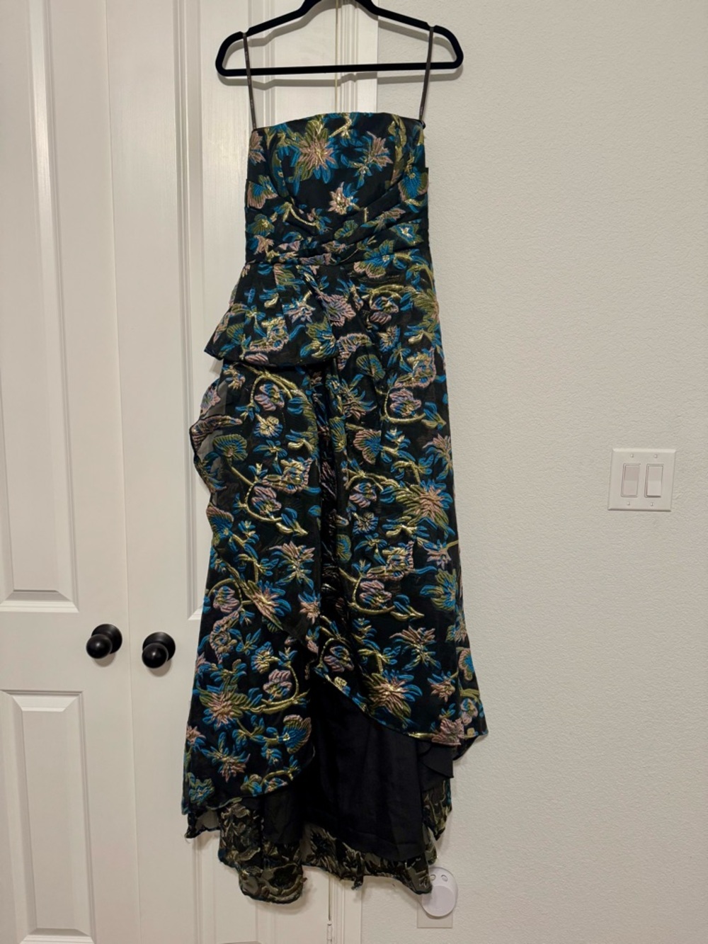 Theia Black Floral High-Low Strapless Evening Gown